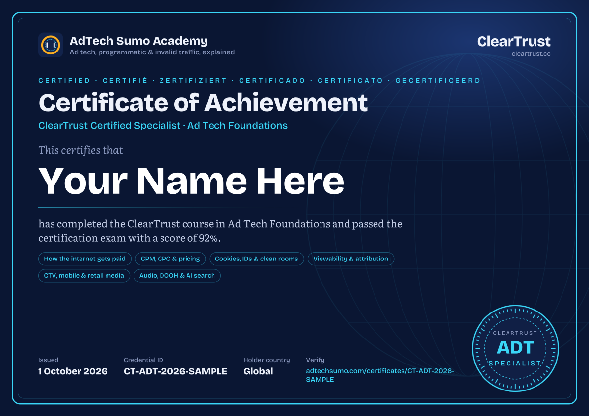Specimen of the ClearTrust Certified Specialist: Ad Tech Foundations certificate