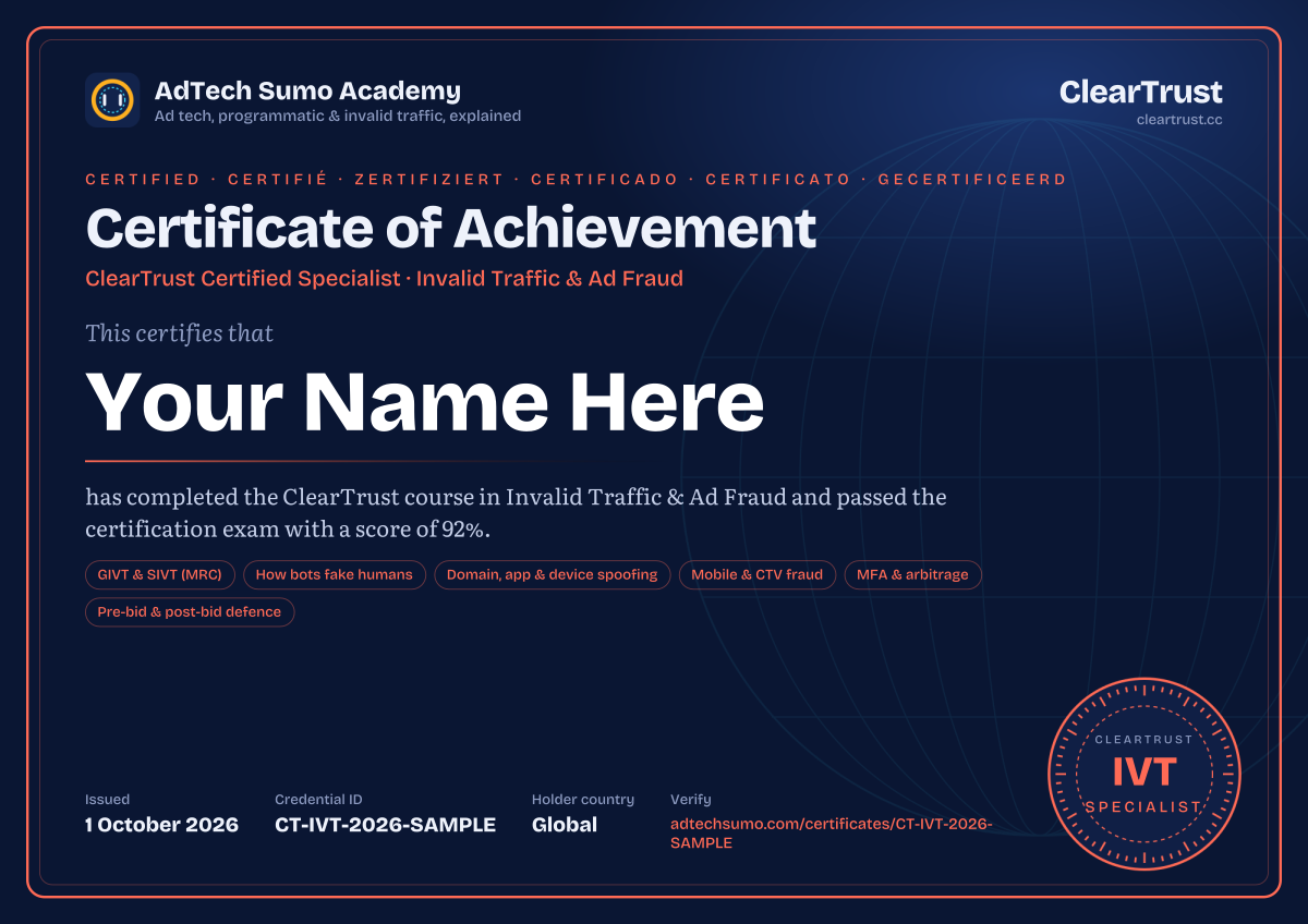 Specimen of the ClearTrust Certified Specialist: Invalid Traffic & Ad Fraud certificate