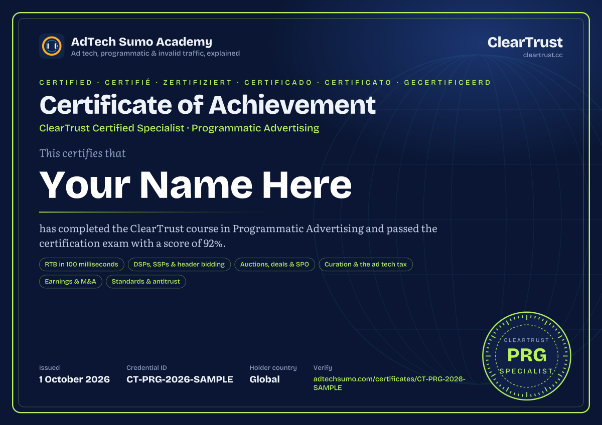 Specimen of the ClearTrust Certified Specialist: Programmatic Advertising certificate