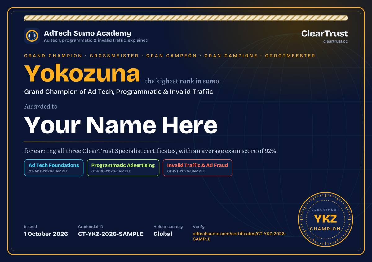 Specimen of the ClearTrust Ad Tech Yokozuna certificate